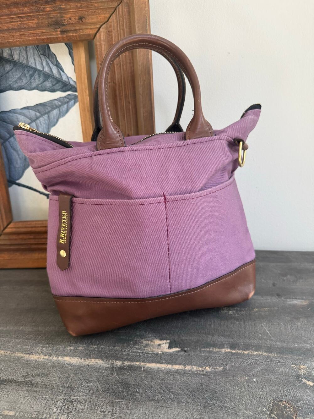 R. Riveter Purple Canvas Leather Satchel Handbag USA Made Tote Purse 13” EUC